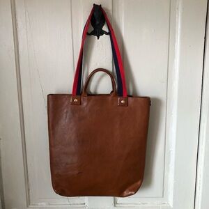 Clare V. Annie Tote Bag Miel Brown Leather Red Blue Cotton Strap + Dust Bag